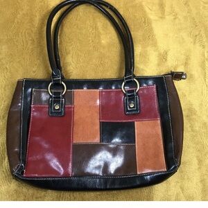 VTG,Bueno Patchwork Leather Shoulder Tote in Black, Brown, Cognac and Burgundy
